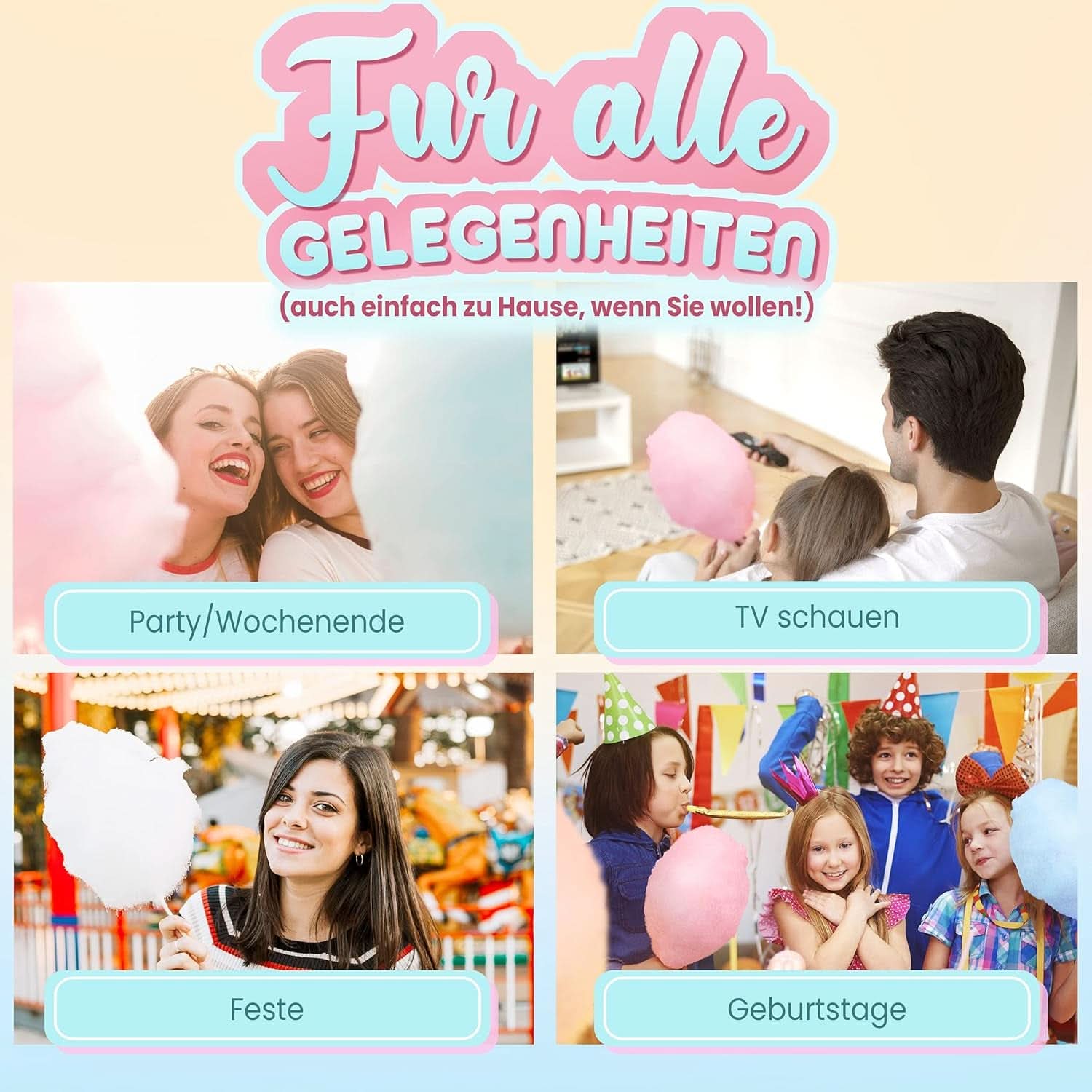 GREENDOSO® Zahăr de vată de zahăr pentru mașina de vată de zahăr (4 x 320 grame) - 4 arome (căpșuni/cola/ zmeură/ mere) + 50 sticks-uri - MADE in FRANCE Naty Shop