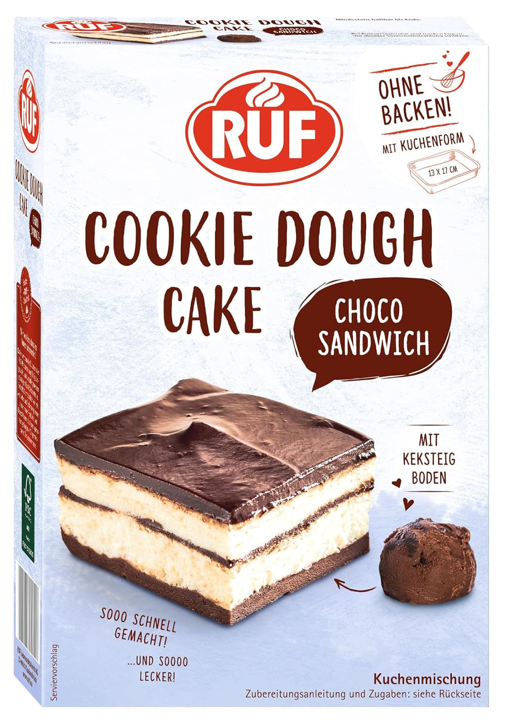 RUF Cookie Dort Ohne Backen, Tortenboden Aus Keksteig Mit Frischkäse-Creme Und Schokoladenstückchen, Inkl. Kuchenform, 1X325G Směs na pečení a vaření Naty Shop 320 G (1Er Pack) Cookie Dough Sandwich