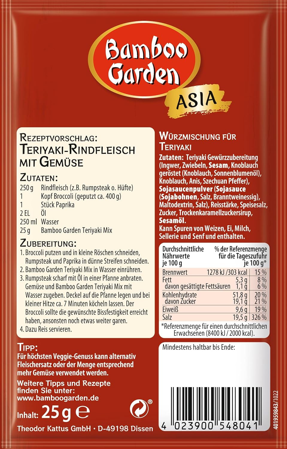 Bambusová zahrada - Teriyaki kořenící směs , Gewürzmischung für Teriyaki , Für 4 Porionen , Ohne Geschmackverstärker und Konservierungsstoffe , 1 x 25 g (Verpackungsdesign kann abweichen)