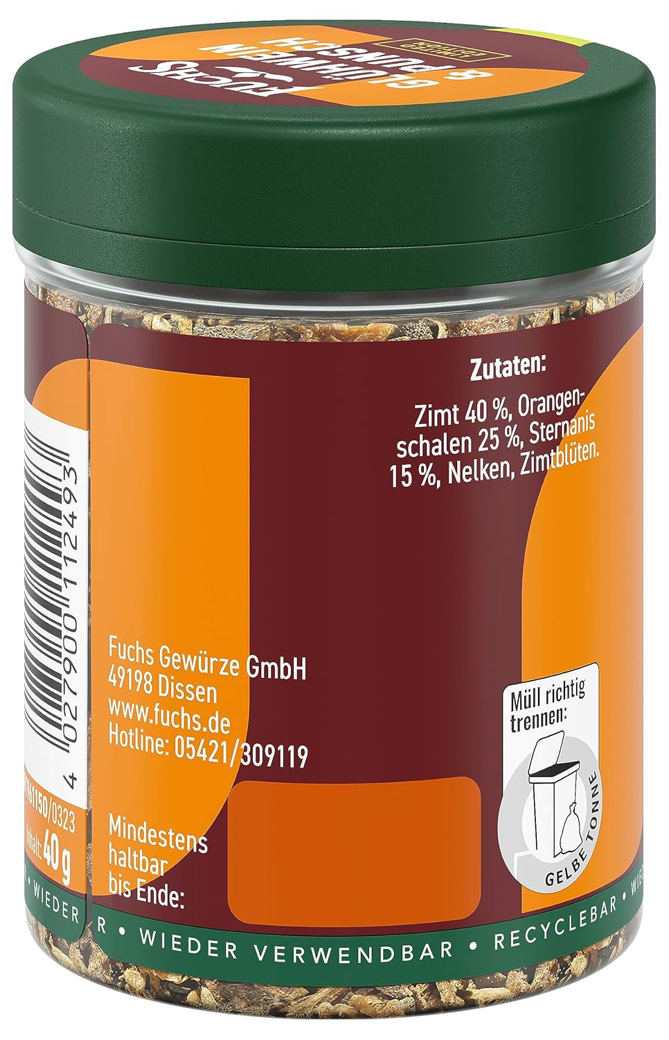 Fuchs Gewürze - Glühwein und Punsch Gewürz - weihnachtliche Gewürzmischung für Wein und Punsch - aus natürliche Ingredient - 40 g v wiederverwendbarer, recyclebarer Dávka
