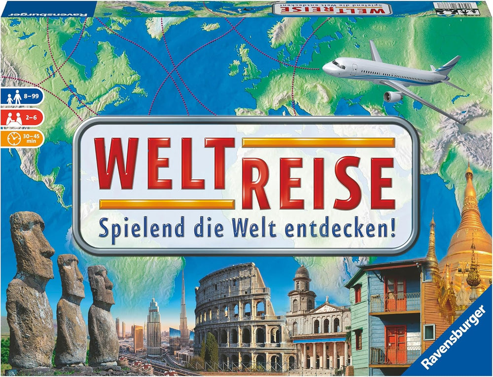 Ravensburger Family Game 26888 – World Tour – Klasika pro rodiny od 8 let – Party hra, cestování po světě, desková hra až pro 6 hráčů – 170+ měst
