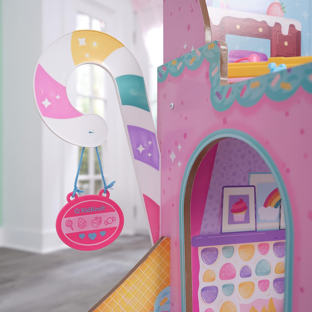 KidKraft Casă de păpuși din lemn, Castel cu bomboane, cu mobilier și accesorii, Casă cu figurină lamă unicorn, lift cornet de înghețată și scaun ursuleț gumat pentru păpuși, Jucărie pentru copii de la 3 ani în sus, 20242