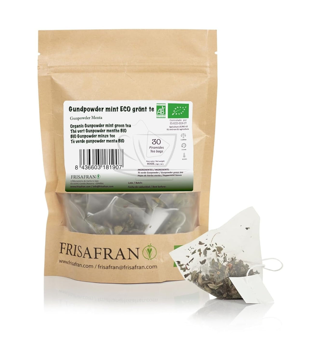 FRISAFRAN | Ceai verde organic Mint Gunpowder în piramide 30 unități | 60G | Antioxidant | Ceai verde japonez | Digestiv | Băutură răcoritoare | Infuzie de mentă | Ceai pur | Frunze de mentă | Cald-rece
