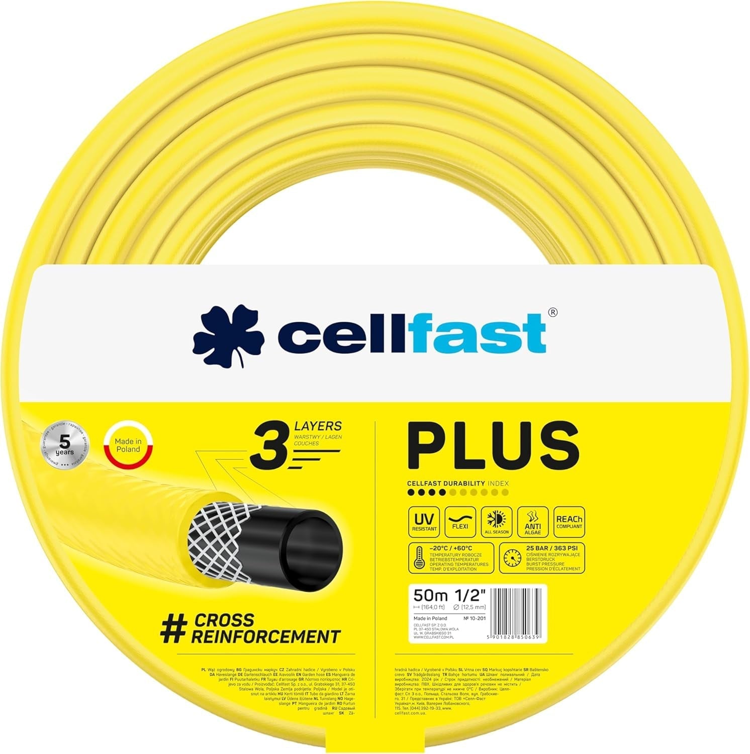 Furtun de grădină CELLFAST, 3,4 inch, furtun de apă cu 3 straturi, pentru grădină, furtun de irigații flexibil cu armare din fire durabile, rezistent la UV, anti-alge, 25 bar, 50 de metri și mai mult