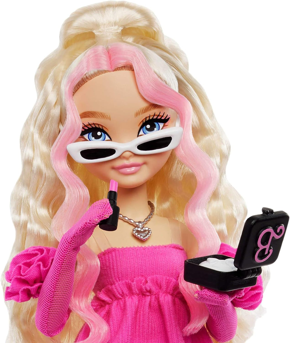 Barbie Dream Besties Puppe und Accessoires, bewegliche Barbie Malibu“ Modepuppe mit welligem blonden Haar, 11 Teile zum Thema Make-up und Haare, HYC21