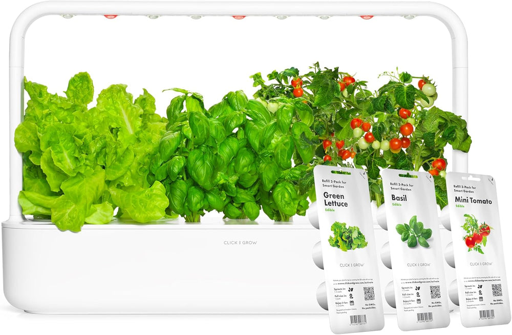 Vnitřní zahrada Click and Grow, jednodušší než hydroponický systém pěstování, LED Smart Garden, bylinková zahrada, vnitřní skleník s 9 rostlinnými kapslemi (bílé)