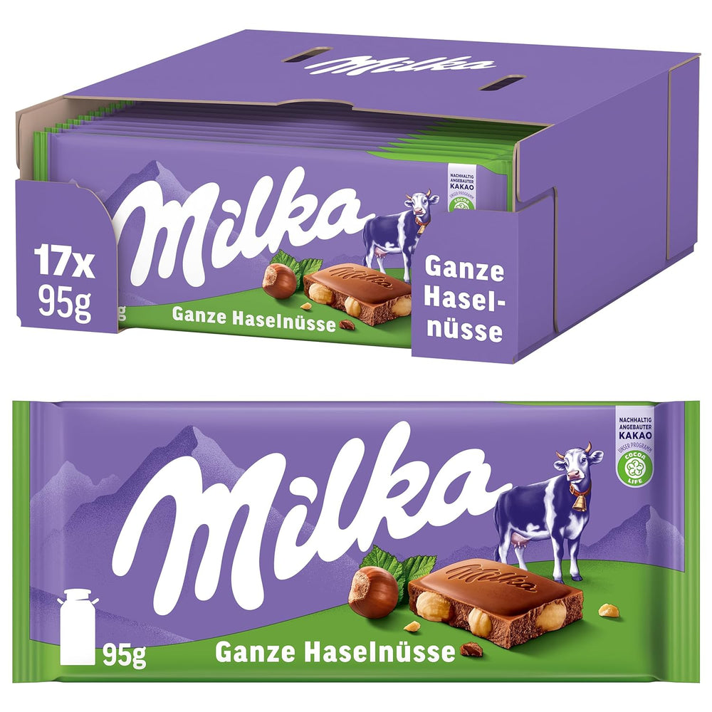 Milka Mléčná čokoláda s celými lískovými oříšky - Čokoláda s křupavými oříšky - 17 x 95g