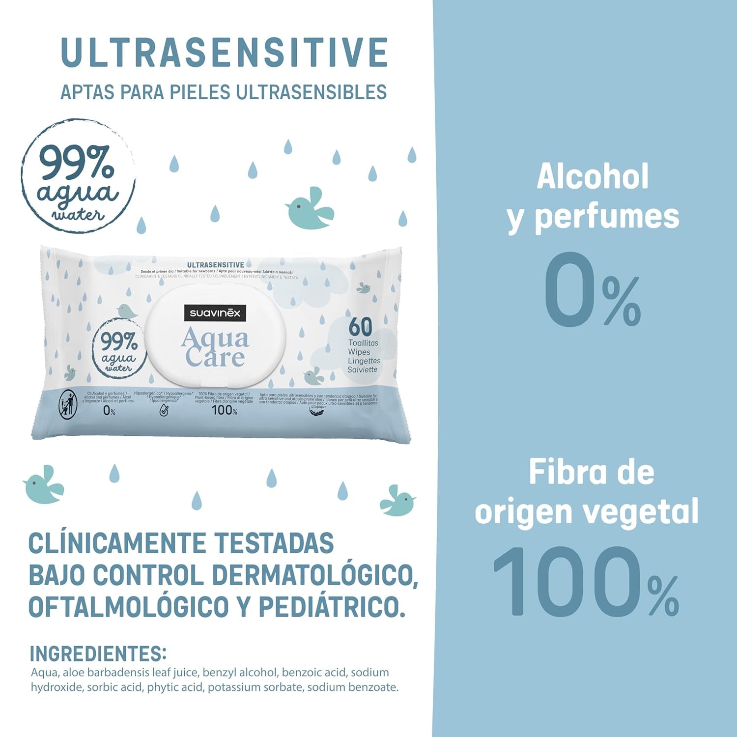 Suavinex Aqua Care Baby vlhčené ubrousky Čistící ubrousky pro 60 kusů 99% voda Rostlinná vláknina Aloe Vera Bez vůně Bez alkoholu Dermatologicky testováno Vhodné pro citlivou pokožku