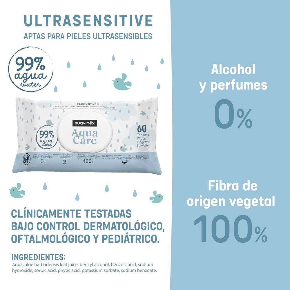 Suavinex Aqua Care Baby vlhčené ubrousky Čistící ubrousky pro 60 kusů 99% voda Rostlinná vláknina Aloe Vera Bez vůně Bez alkoholu Dermatologicky testováno Vhodné pro citlivou pokožku