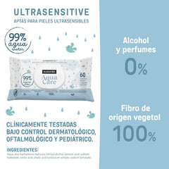 Suavinex Aqua Care Baby vlhčené ubrousky Čistící ubrousky pro 60 kusů 99% voda Rostlinná vláknina Aloe Vera Bez vůně Bez alkoholu Dermatologicky testováno Vhodné pro citlivou pokožku