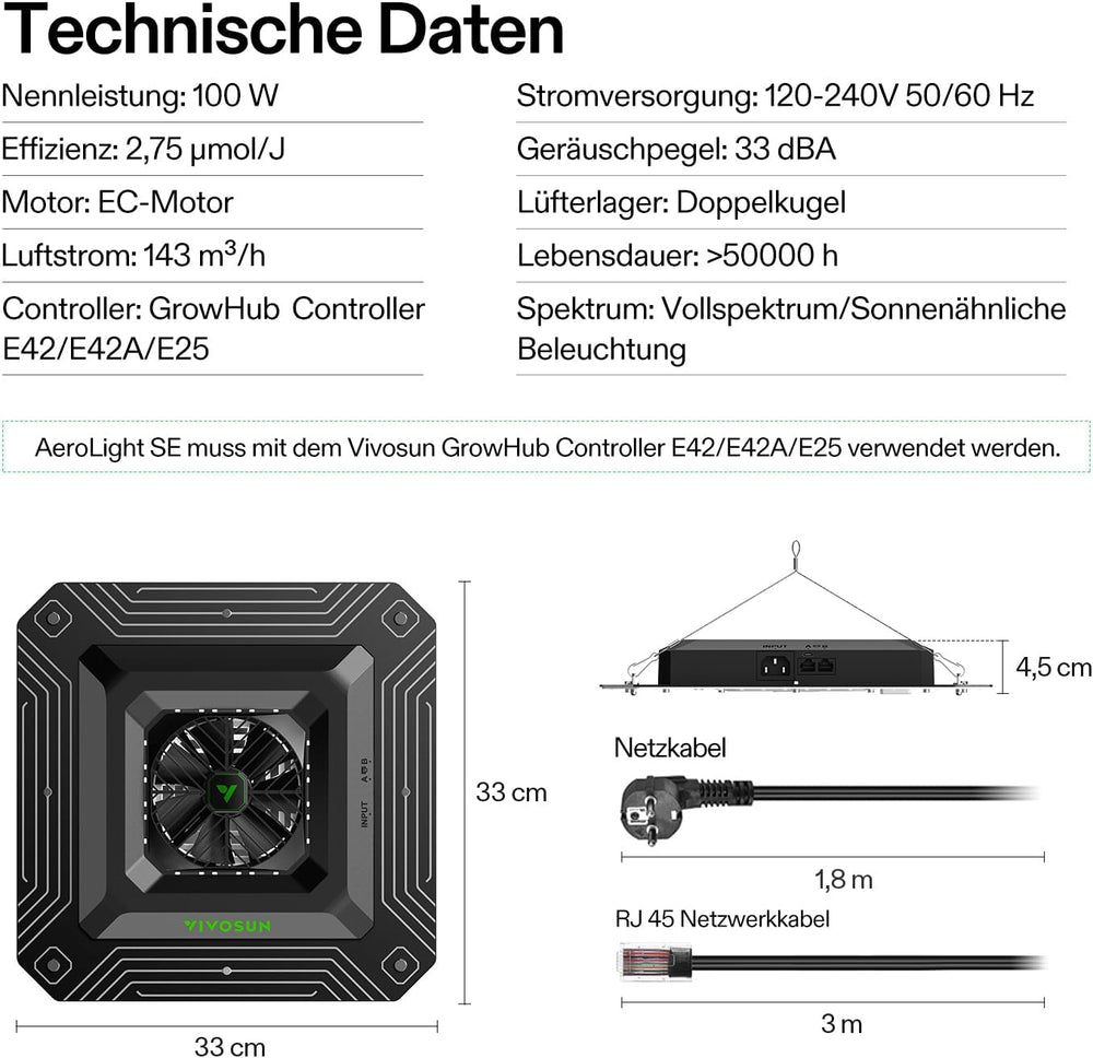 Systém VIVOSUN Smart Grow se 100W LED lampou AeroLight A100SE s integrovaným cirkulačním ventilátorem, potrubním ventilátorem AeroZesh T4 100 mm 357 m³/h a ovladačem GrowHub E42A pro pěstování stanů a pěstování v interiéru