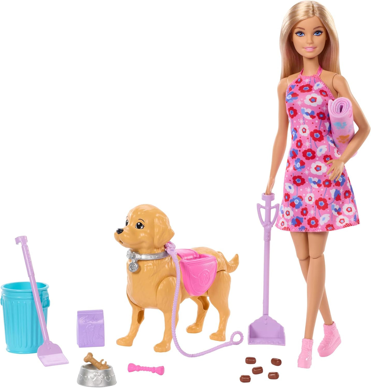 Barbie Hundespaziergang Spielset, enhtät einen Spielzeughund der gehen und Häufchen Machen kann, eine Barbie Malibu-Puppe sowie EIN Kehrset und Hundezubehör, JJB46
