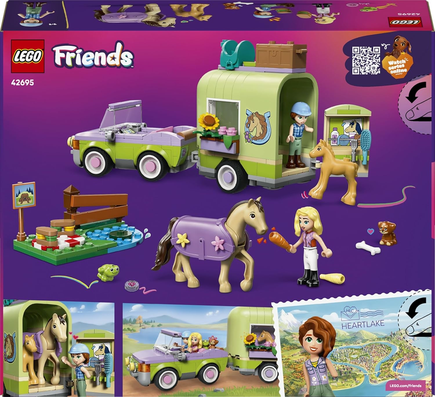 LEGO Friends Pferd und Fohlen mit Pferdeanhänger - Pferde Spielset mit Pflegezubehör, 4 Tierfiguren, Auto & 2 Mini Puppen - Geschenkeidee zum Geburtstag für Mädchen ab 7 Jahren - 42695