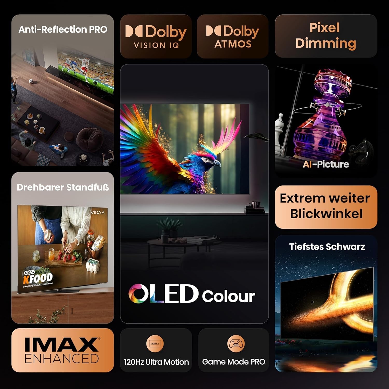 Televizor Hisense 55A85Q 139 cm (55 inch), Smart TV OLED 4K UHD, 120 Hz, HDMI 2.1, Mod Joc Pro, AMD FreeSync Premium, Dolby Vision IQ și Atmos, Bluetooth, Alexa încorporată, Negru, [2025]