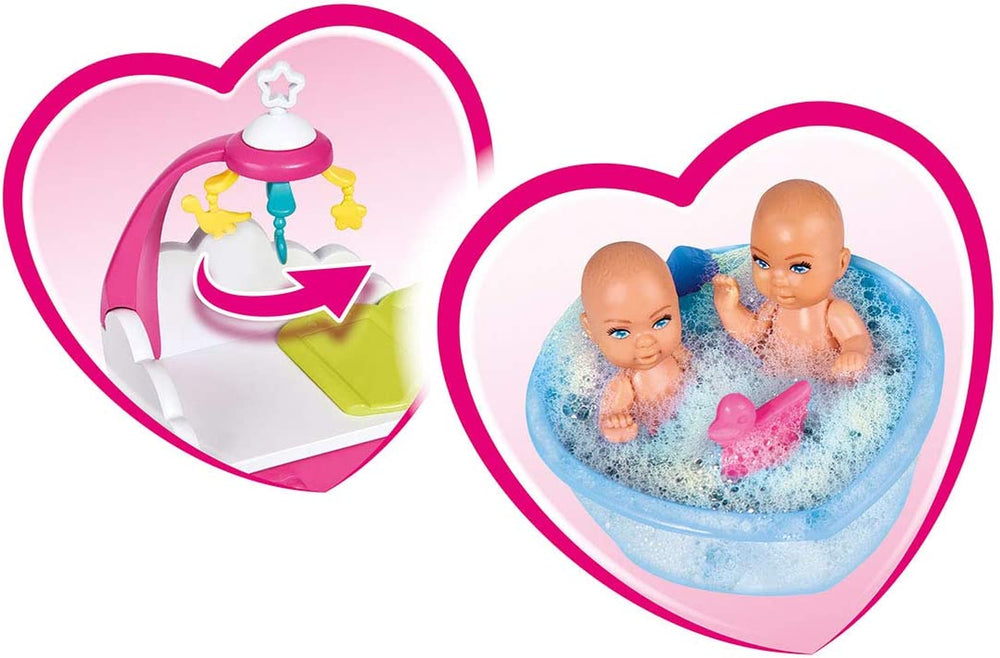 Simba 105733333 - Steffi Love Welcome Twins, Schwangere Puppe, mit Zwillingen, mit Wickeltisch und Badewanne, Zubehör, Ankleidepuppe, 29cm, für Kinder ab 3 Jahren