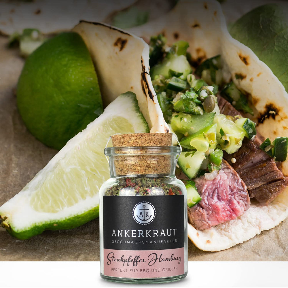 Ankerkraut Steakpfeffer Hamburg, Pfefferkörner Hausmischung, Grober Steakhouse-Pfeffer, frische Note, Universal Allrounder, Lecker Kochen mit Qualität, 80 g v Korkenglas