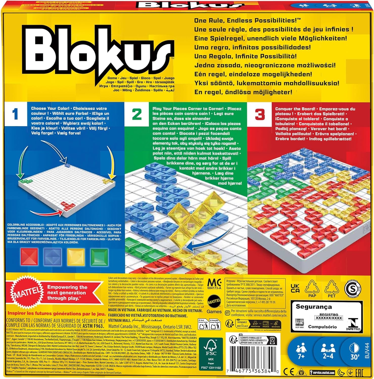 Mattel Games Blokus Game, rodinná desková hra, strategická hra, 2–4 hráči, společenská hra, věk 7+, BJV44