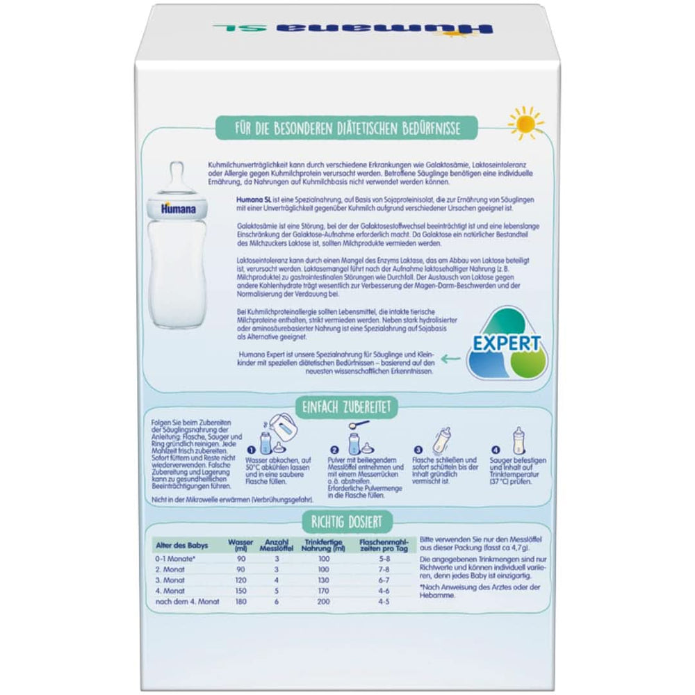 Humana SL Expert, od narození, speciální krmivo pro nesnášenlivost kravského mléka v důsledku intolerance laktózy, galaktosémie nebo alergie na bílkovinu kravského mléka, pro kojence a malé děti, 600 G Mother and Child Naty Shop