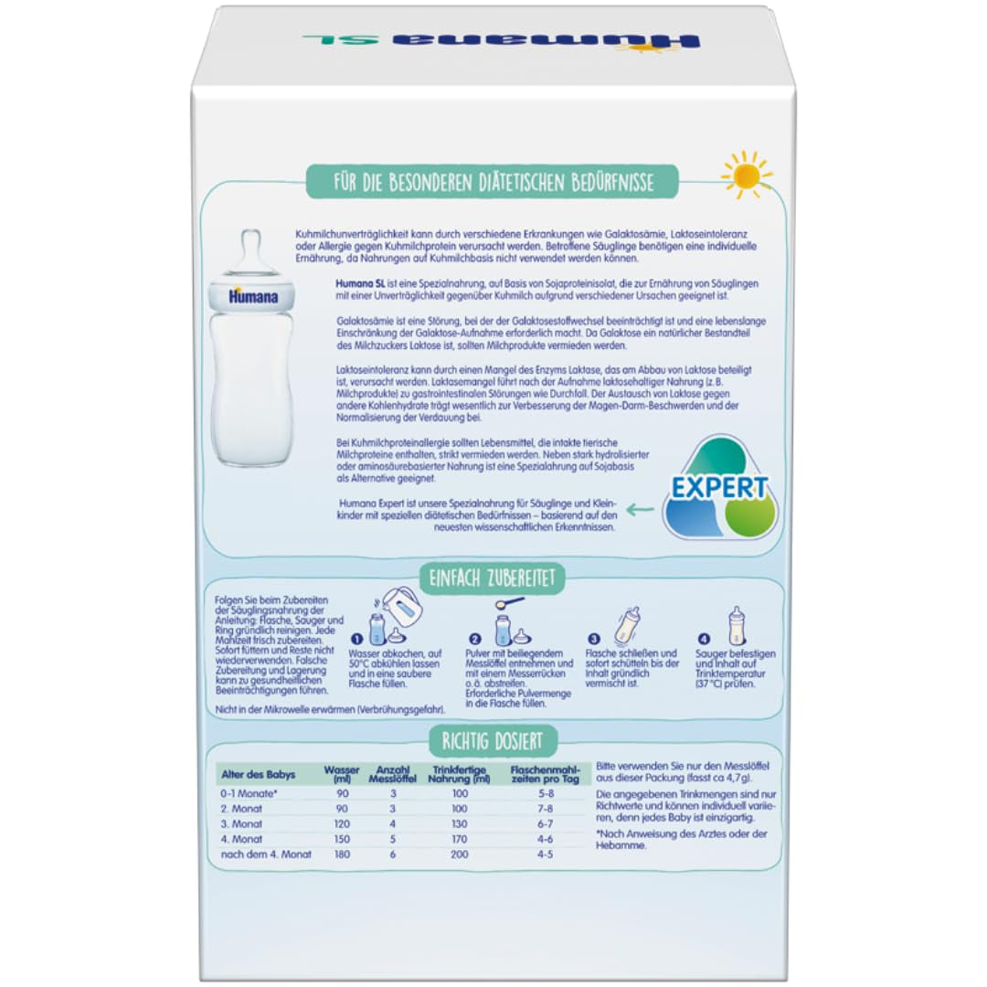 Humana SL Expert, od narození, speciální formule pro intoleranci kravského mléka způsobenou intolerancí laktózy, galaktosémií nebo alergií na bílkovinu kravského mléka, pro kojence a malé děti, 600g