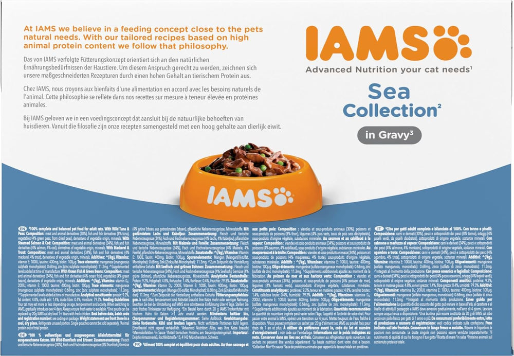 IAMS Delights Sea Collection Katzenfutter Nass - Multipack mit Fisch Sorten (Lachs, Thunfisch, Makrele, Seefisch) in Sauce, Nassfutter für Katzen ab 1 Jahr, 12 x 85g