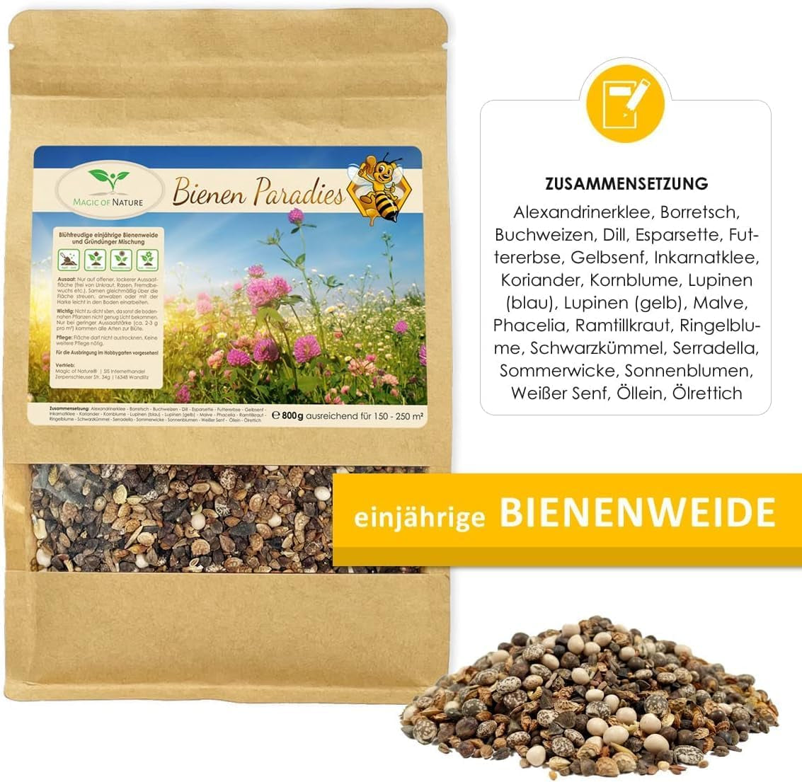 Magie přírody 800g. Blumensamen Mischung - Bienen Paradies - Blühfreudige Bienenweide pro 150 až 250 m²