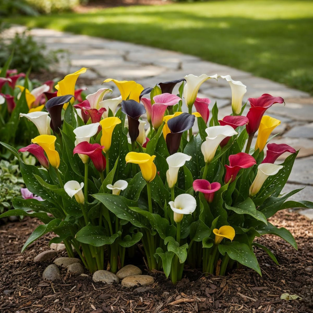 Calla Lilien Zwiebeln Winterhart Mehrjährig - Zantedeschia - 10 velkých Blumenzwiebeln, 5 Sorten Mix - Echte Pflanzen aus Holland - für Garten und Topf (große Knollen, kein Samen und nicht künstlich)