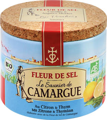 Le Saunier de Camargue Fleur De-Sel Citrone Thymian v dávce 125 g, Premium Meersalz aus Süd-Frankreich, Ideal als Finishing von Speisen und zum Verfeinern von Gerichten