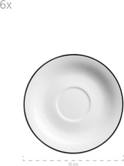 Mäser, seria Nola, serviciu modern de cafea pentru 6 persoane, alb cu margine neagră, set de veselă cu 18 piese, cești de cafea, farfurioare și farfurii de desert - serviciu rotund de cafea, set de cafea, alb