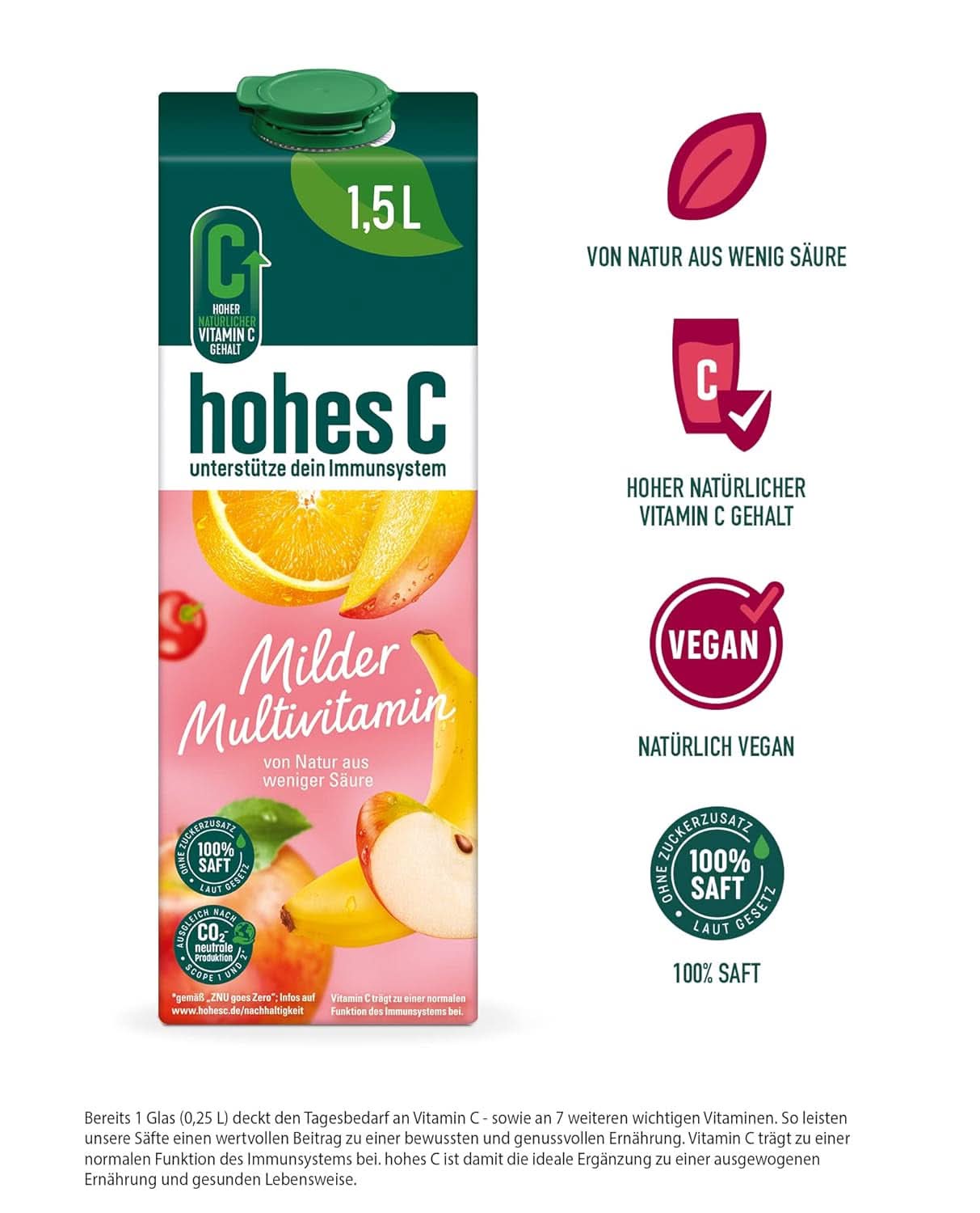 High C Mild Multivitamin (1 X 1,5L), 100% džus, jablko, pomeranč, acerola, mango, 7 vitamínů, Bez přidaného cukru dle zákona, Méně kyselin, Veganské Nealkoholické nápoje Naty Shop