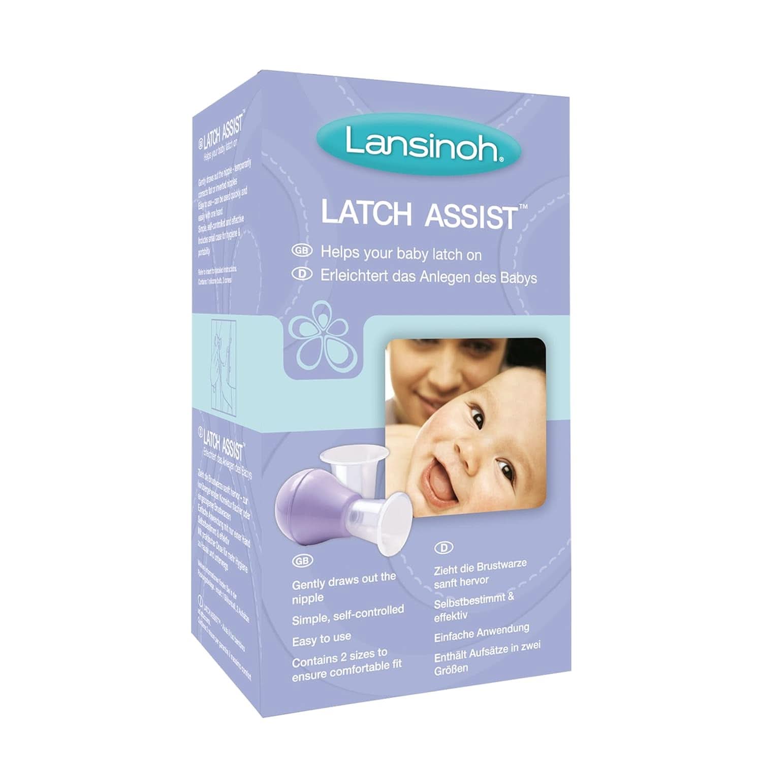 Lansinoh Latch Assist Nipple Everter s pouzdrem pro kojící maminky, nabízí dočasnou korekci plochých nebo vpáčených bradavek, 2 velikosti kuželů v balení a hygienické pouzdro Příslušenství pro kojení Bebe Naty Shop Latch Assist