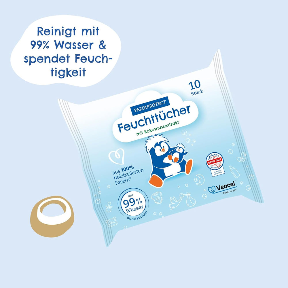 PAEDIPROTECT Baby vlhčené ubrousky 1 x 10 ks Sensitive dětské vlhčené ubrousky 99% vody bez parfemace pro miminka a děti Jemná pokožka Kokosový extrakt bez mikroplastů Vegan (5 balení)