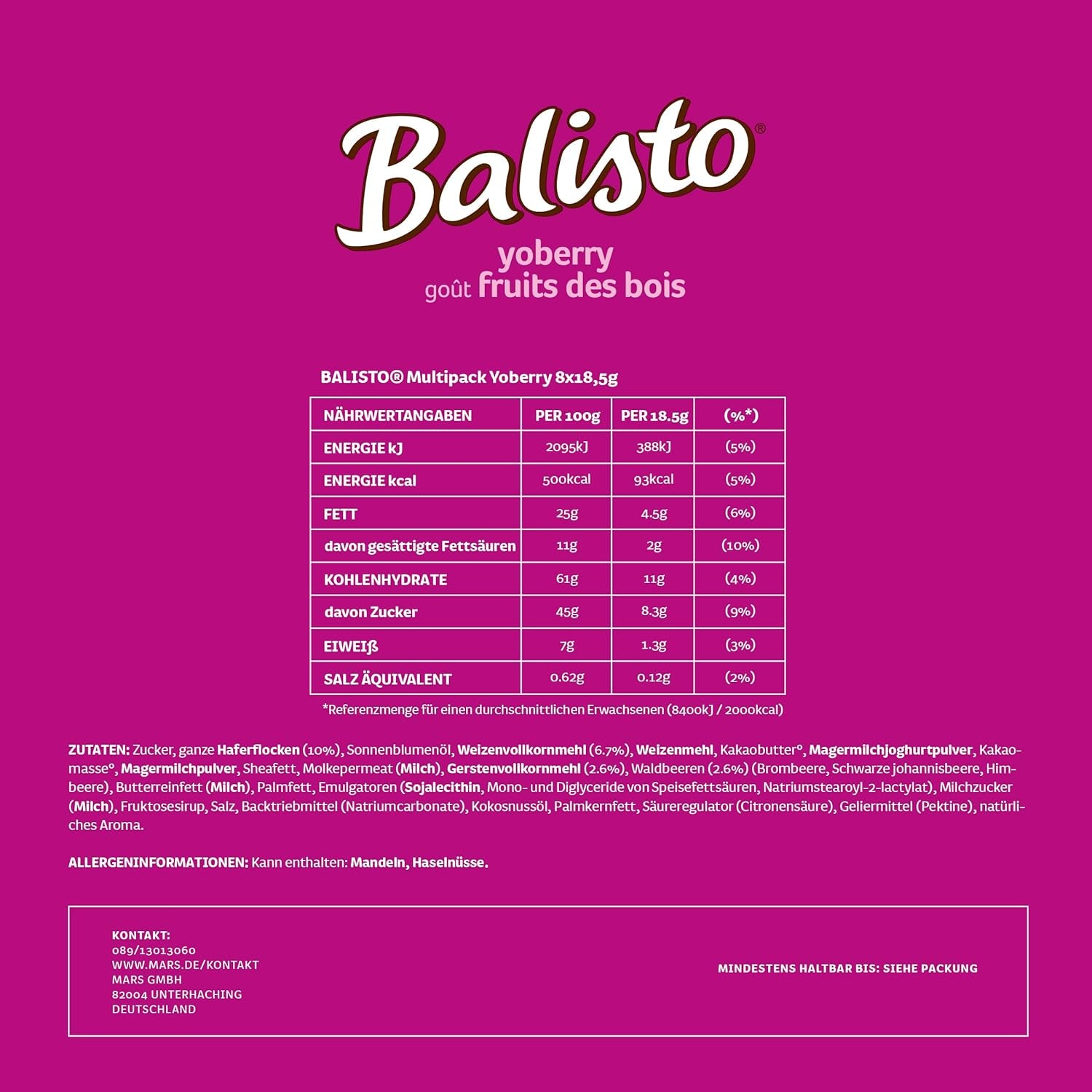 Balisto Čokoládový balíček, Yoberry, Cereální & Jogurtové čokoládové tyčinky, 8 x 18,5 g, Čokoláda, Müsli tyčinky, Čokoláda ve velkém balení (148 g)