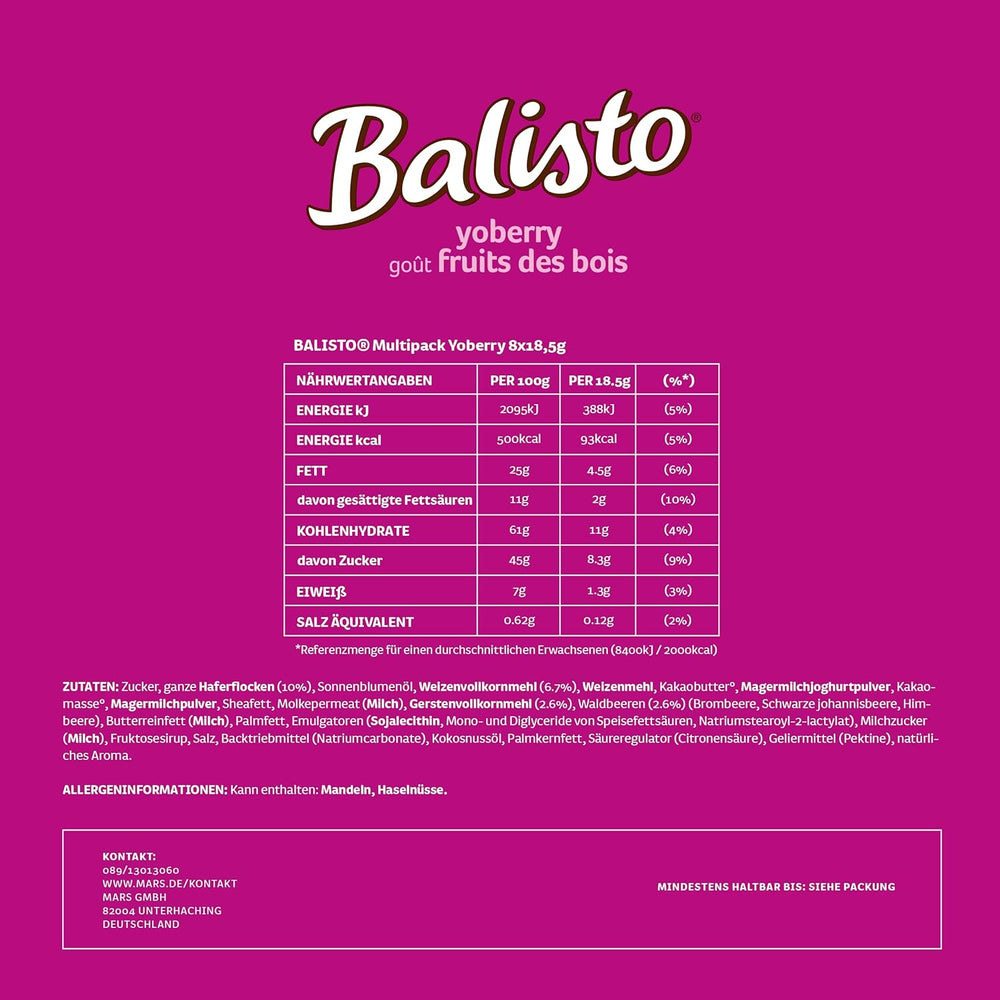 Balisto Čokoládový balíček, Yoberry, Cereální & Jogurtové čokoládové tyčinky, 8 x 18,5 g, Čokoláda, Müsli tyčinky, Čokoláda ve velkém balení (148 g)