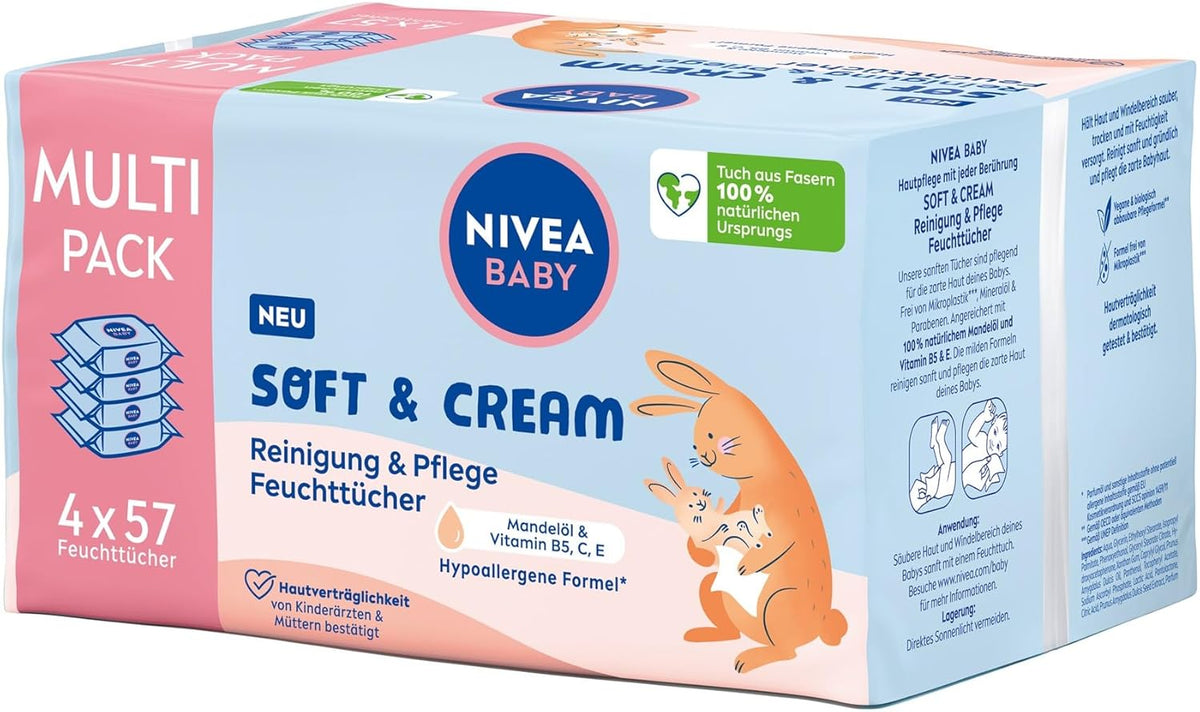NIVEA BABY Soft & Cream vlhčené ubrousky pro miminka (4 x 57 kusů)