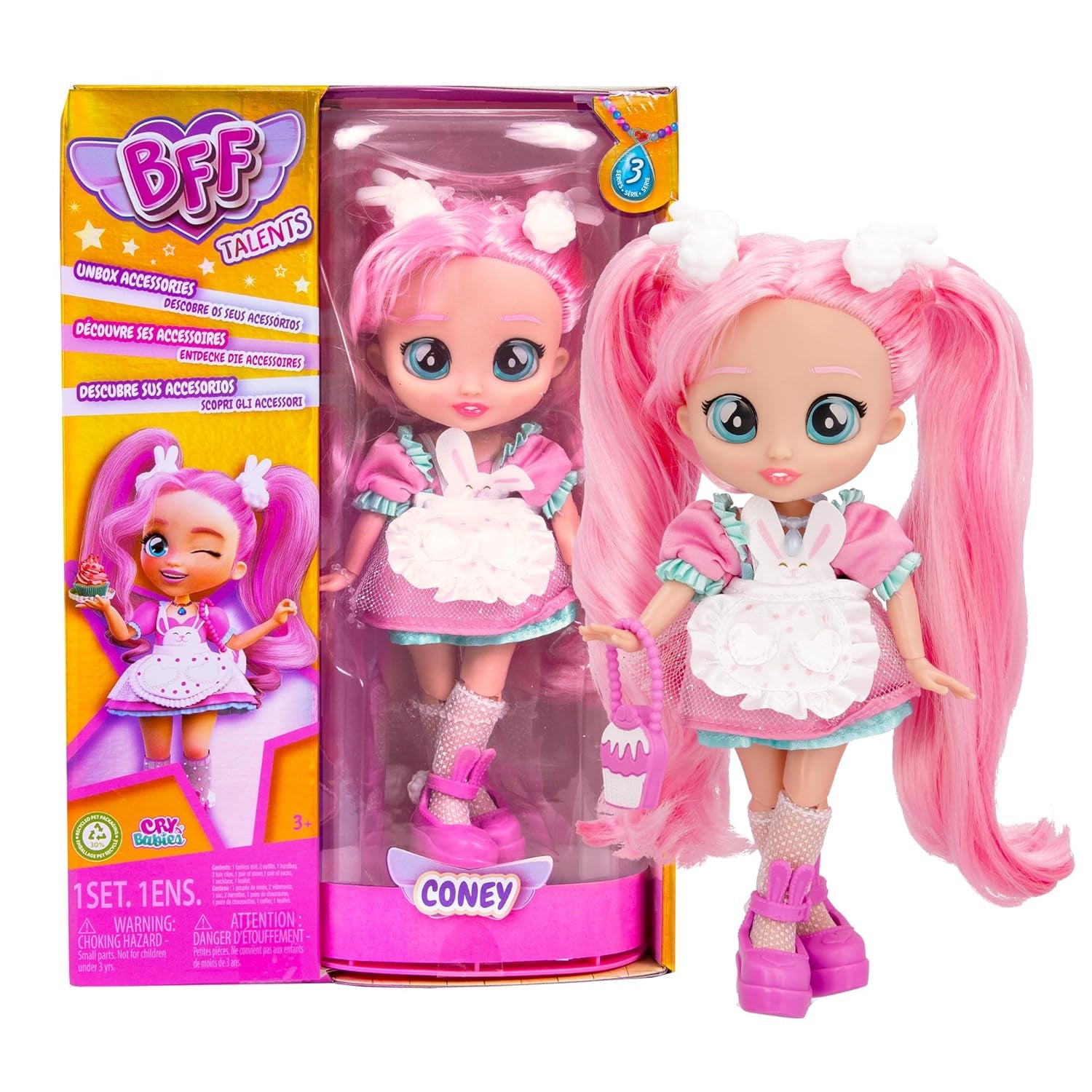 BFF BY CRY BABIES Coney - Modepuppe zum Sammeln, mit Langen Haaren, Stoffkleidung und 9 Zubehörteilen - Geschenk Spielzeug für Mädchen und Jungen +3 Jahre