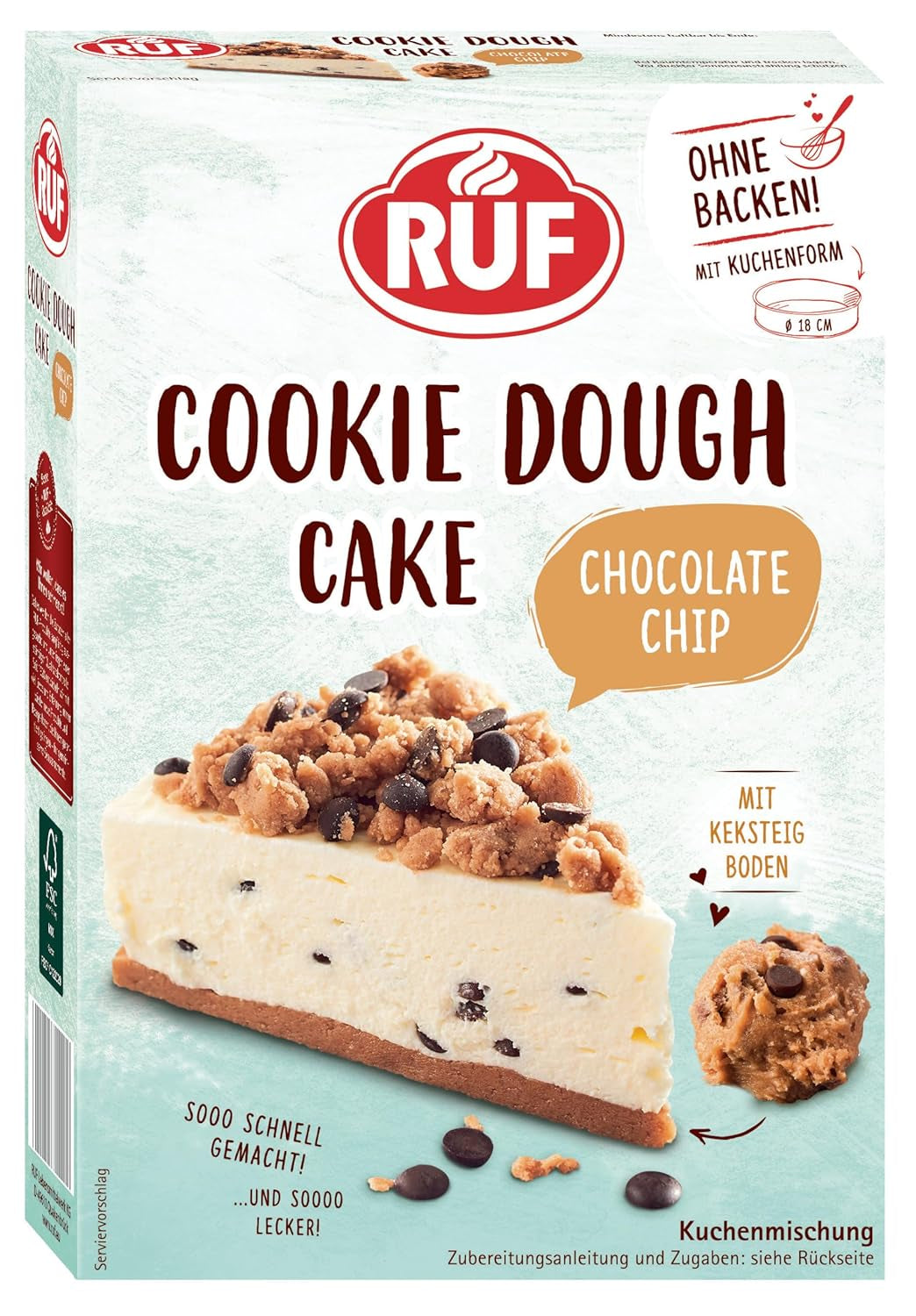 RUF Cookie Dort Ohne Backen, Tortenboden Aus Keksteig Mit Frischkäse-Creme Und Schokoladenstückchen, Inkl. Kuchenform, 1X325G Směs na pečení a vaření Naty Shop 325G (1Er Pack) Cookie Dough Cake