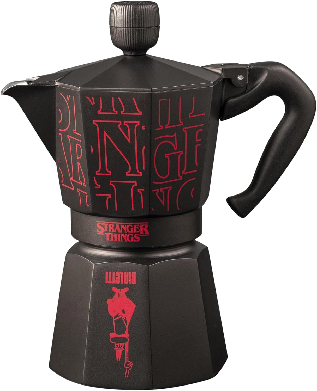 Bialetti Moka Express Stranger Things Cafetiera cu 6 căni, Buton muzical cu funcție de încărcare USB-C, Nu este potrivită pentru plite cu inducție, 6 căni (270 ml), Negru