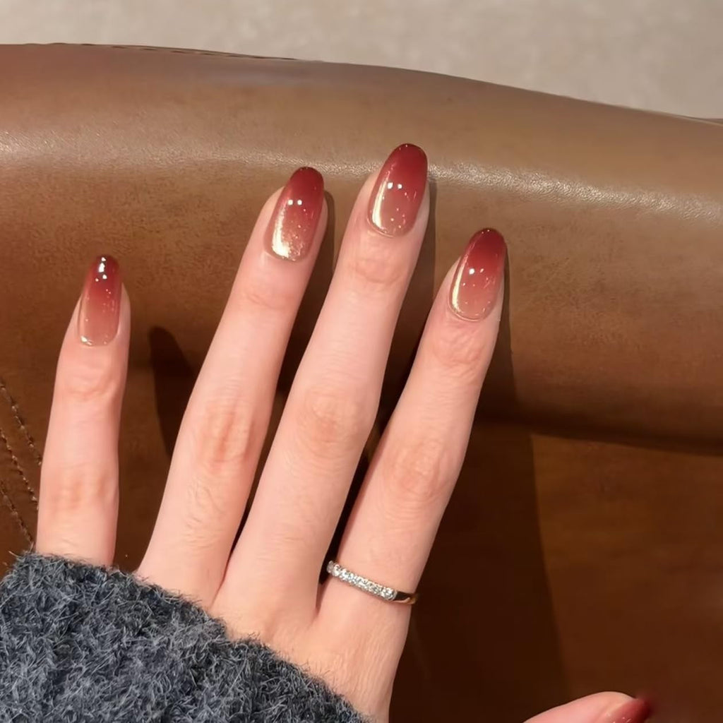 Mouyouglow Unghii False Magnetice Scurte, Roz Migdala Roșu Gradient Sclipici Cat Eye cu Lipici, Unghii Artificiale Roz Roșu Ombre Sclipici Fototerapie Pentru Femei și Fete