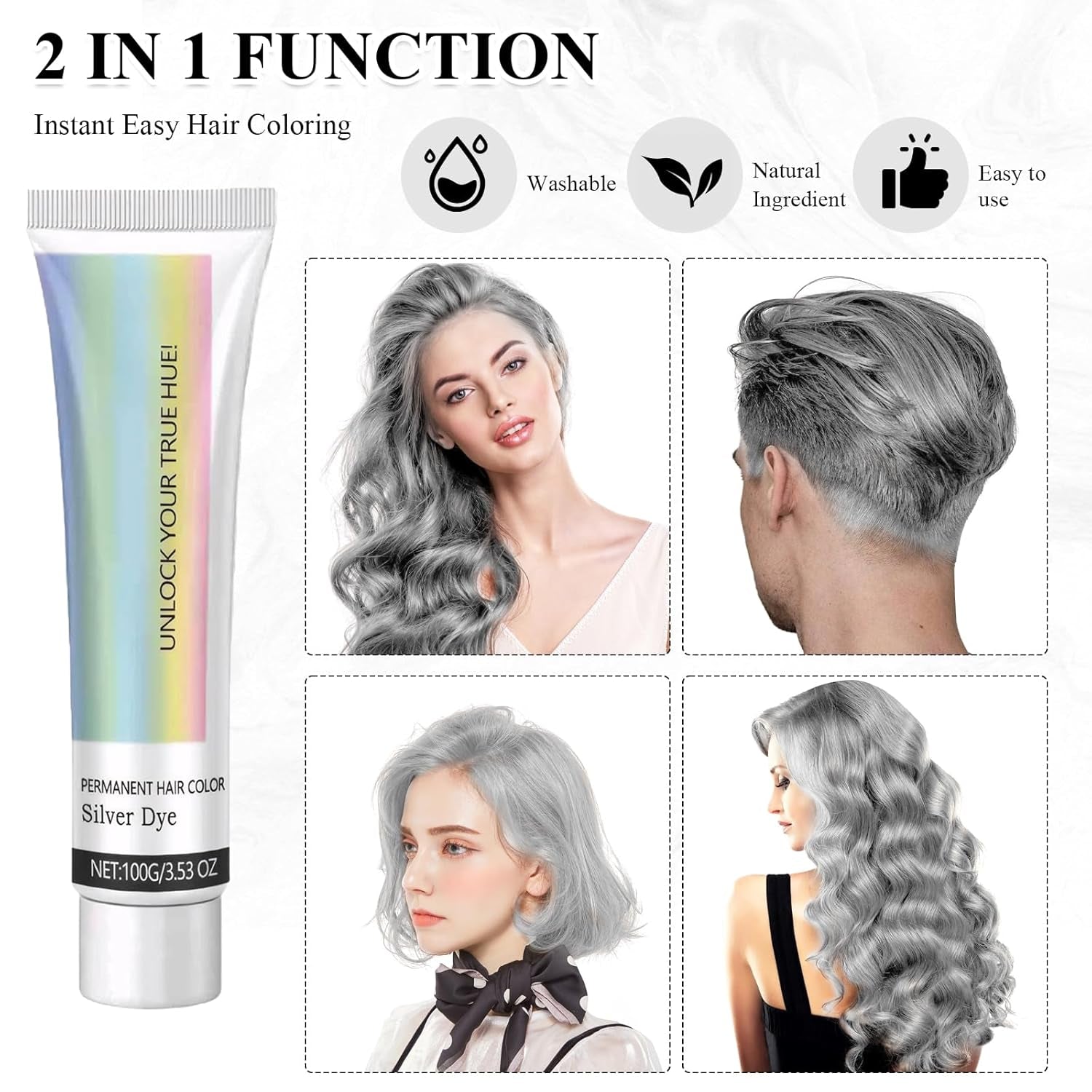 Vopsea de păr Grey Silver Natural Silver Gray Hair Dye Cream, Grey Hair Dye Cream Silver Gray, Silver Gray Natural Hair Dye Cream Grey Hair Dye pentru toate tipurile de păr cu 1 Scalp Massager (100ml) Vopsea pentru par Naty Shop
