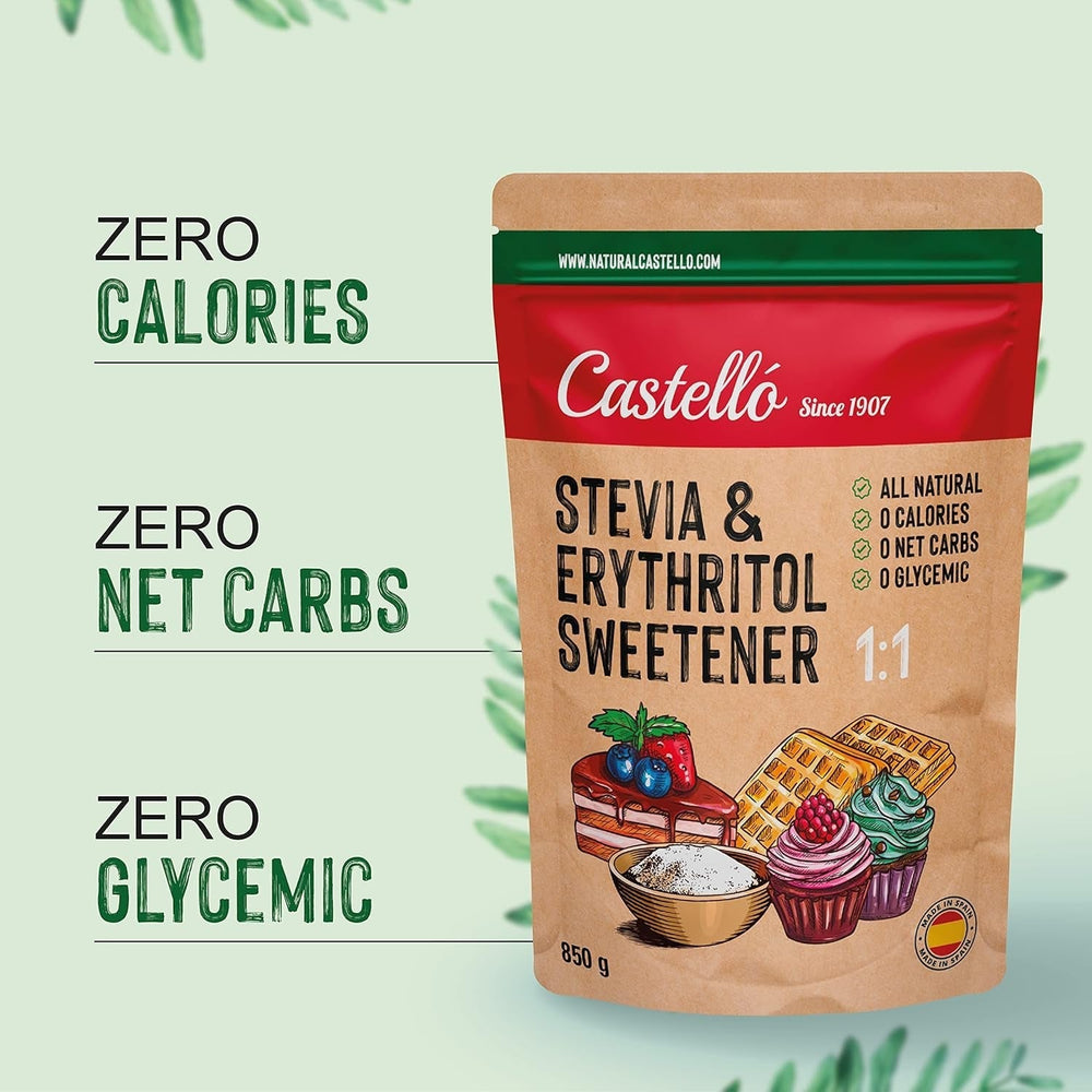 Stévie + Erythritol 1:1 Süßstoff | 1G = 1G Zucker | 100% Natürlicher Zuckerersatz - 0 Kalorie - 0 Glykämischer Index - Keto Und Paleo - 0 Netto-Kohlenhydrát - Kein GVO - Castello od roku 1907-850 G Sladidla Naty Shop
