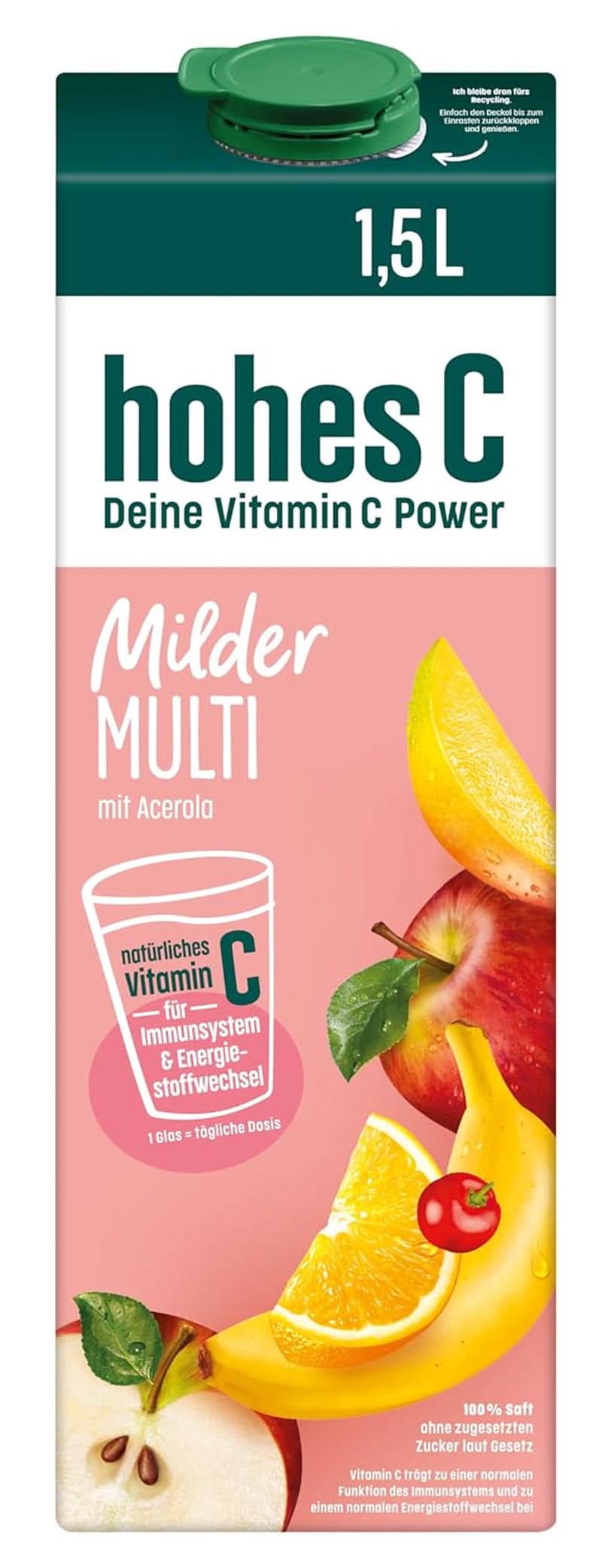 High C Mild Multivitamin (1 X 1,5L), 100% džus, jablko, pomeranč, acerola, mango, 7 vitamínů, Bez přidaného cukru dle zákona, Méně kyselin, Veganské Nealkoholické nápoje Naty Shop