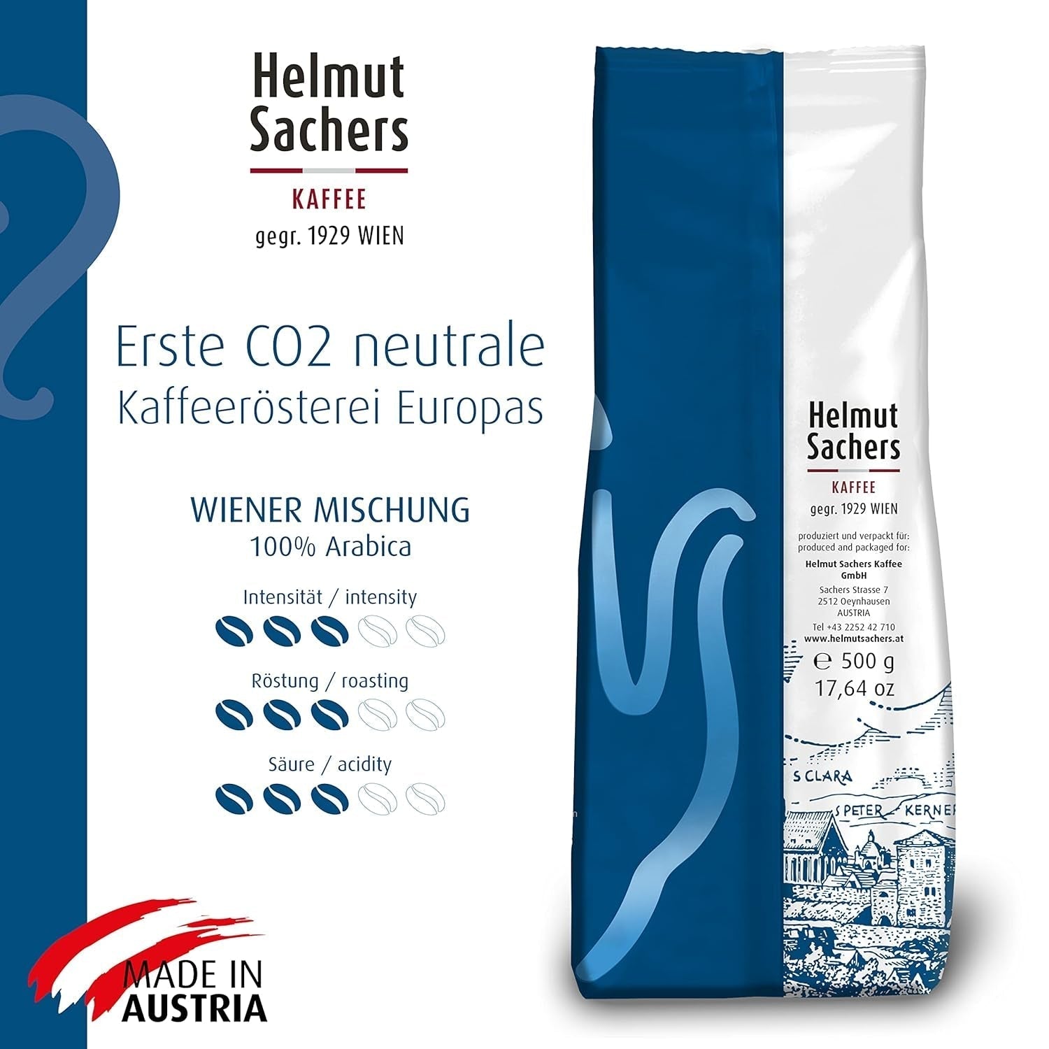 Helmut Sachers Kaffee – vídeňská směs, síla 3/5, 100% Arabica, celá kávová zrna, 6 x 500 g Naty Shop