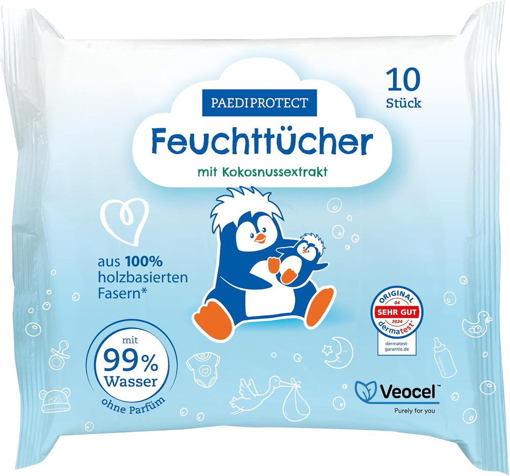 PAEDIPROTECT Baby vlhčené ubrousky 1 x 10 ks Sensitive dětské vlhčené ubrousky 99% vody bez parfemace pro miminka a děti Jemná pokožka Kokosový extrakt bez mikroplastů Vegan (5 balení)