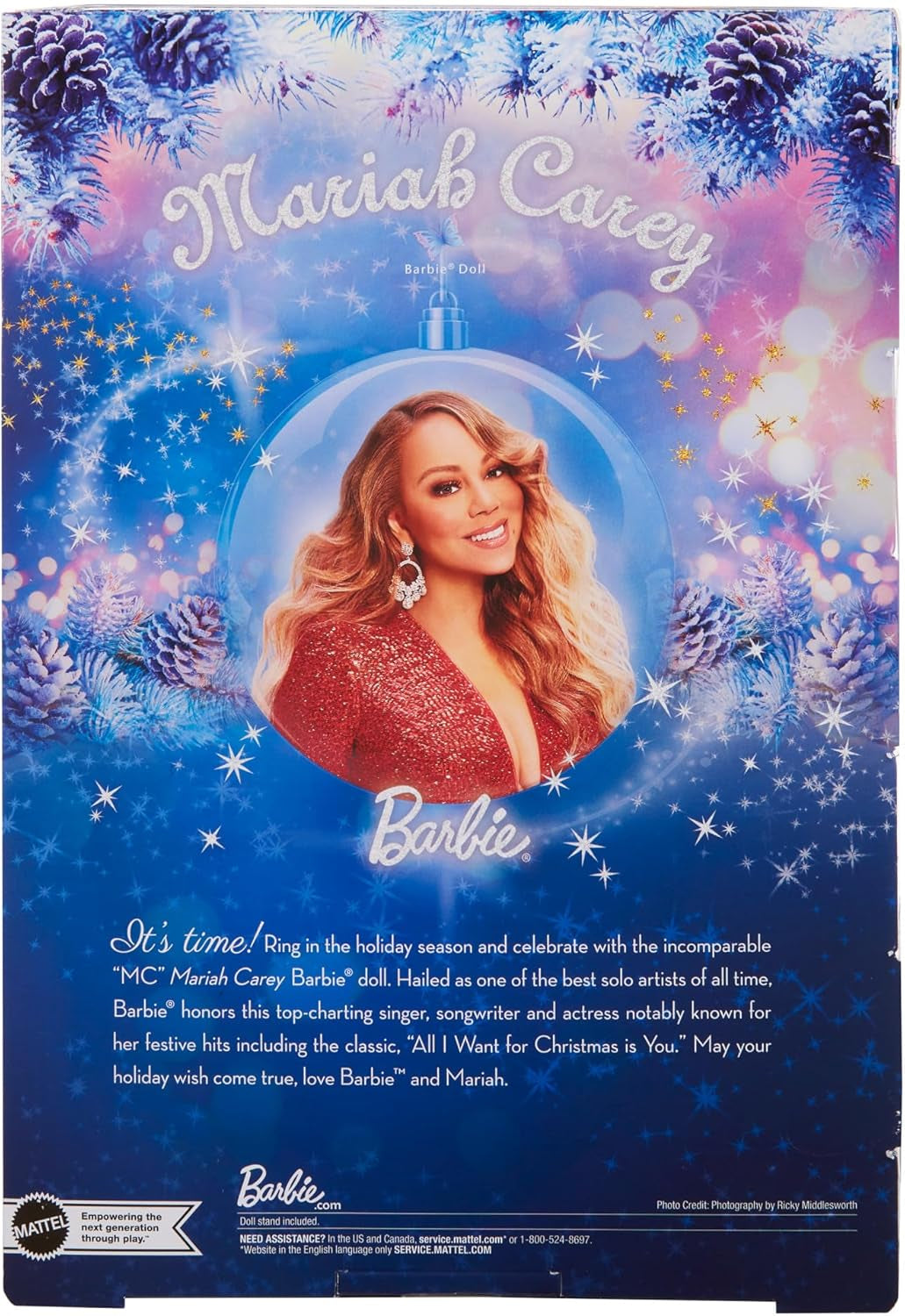 Barbie Mariah Carey - Sammelpuppe mit glänzener red Robe, Rüschen, Schlitz, glamouröse Locken, stříbrné doplňky, červené vysoké podpatky, Weihnachtstradition, Dekoration, HJX17