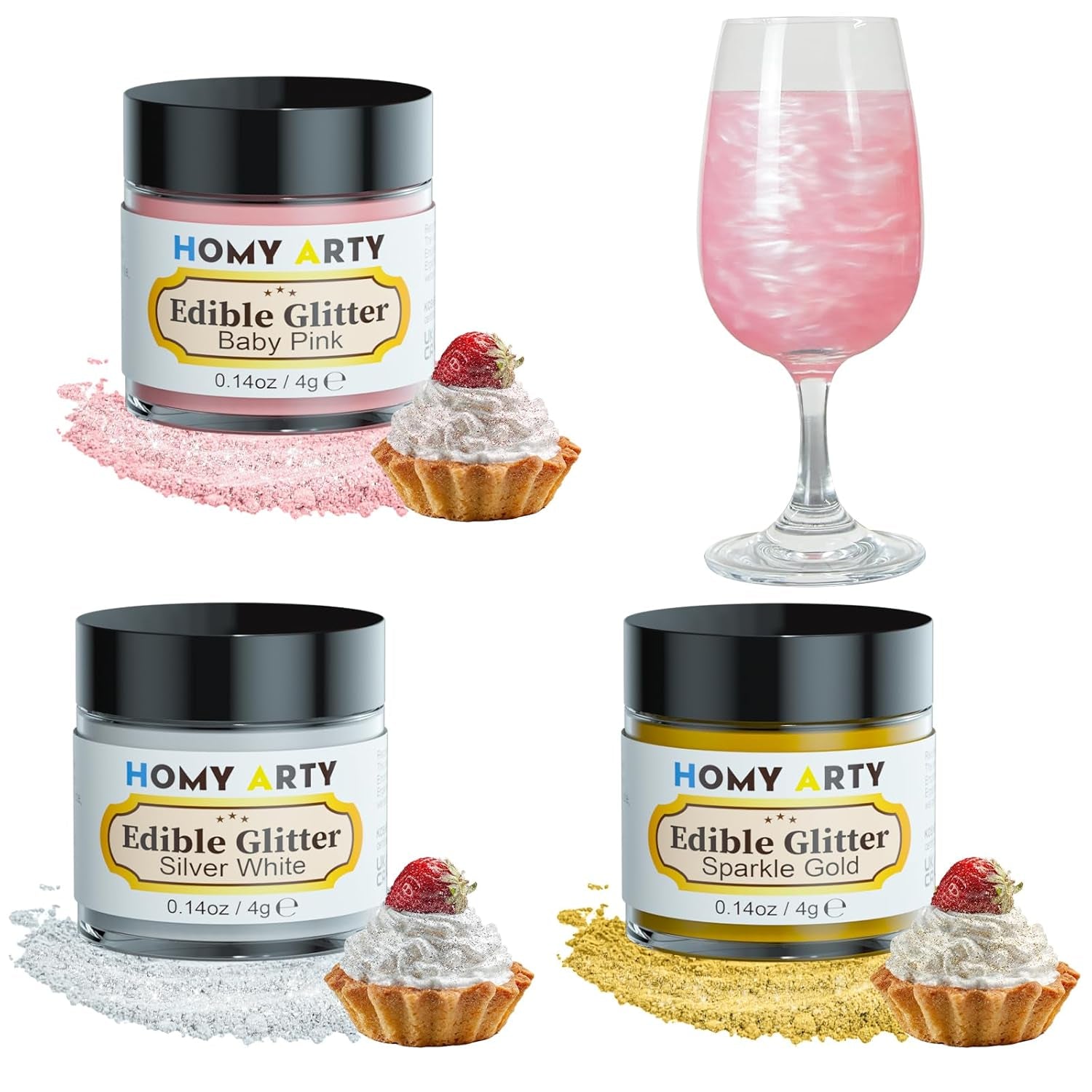 Set spray cu sclipici comestibil HOMY ARTY - 7 culori pudră cu sclipici comestibil fără aromă pentru băuturi, pudră colorant alimentar, sclipici comestibil pentru tort, șampanie, cocktailuri, spray cu sclipici comestibil - 4G