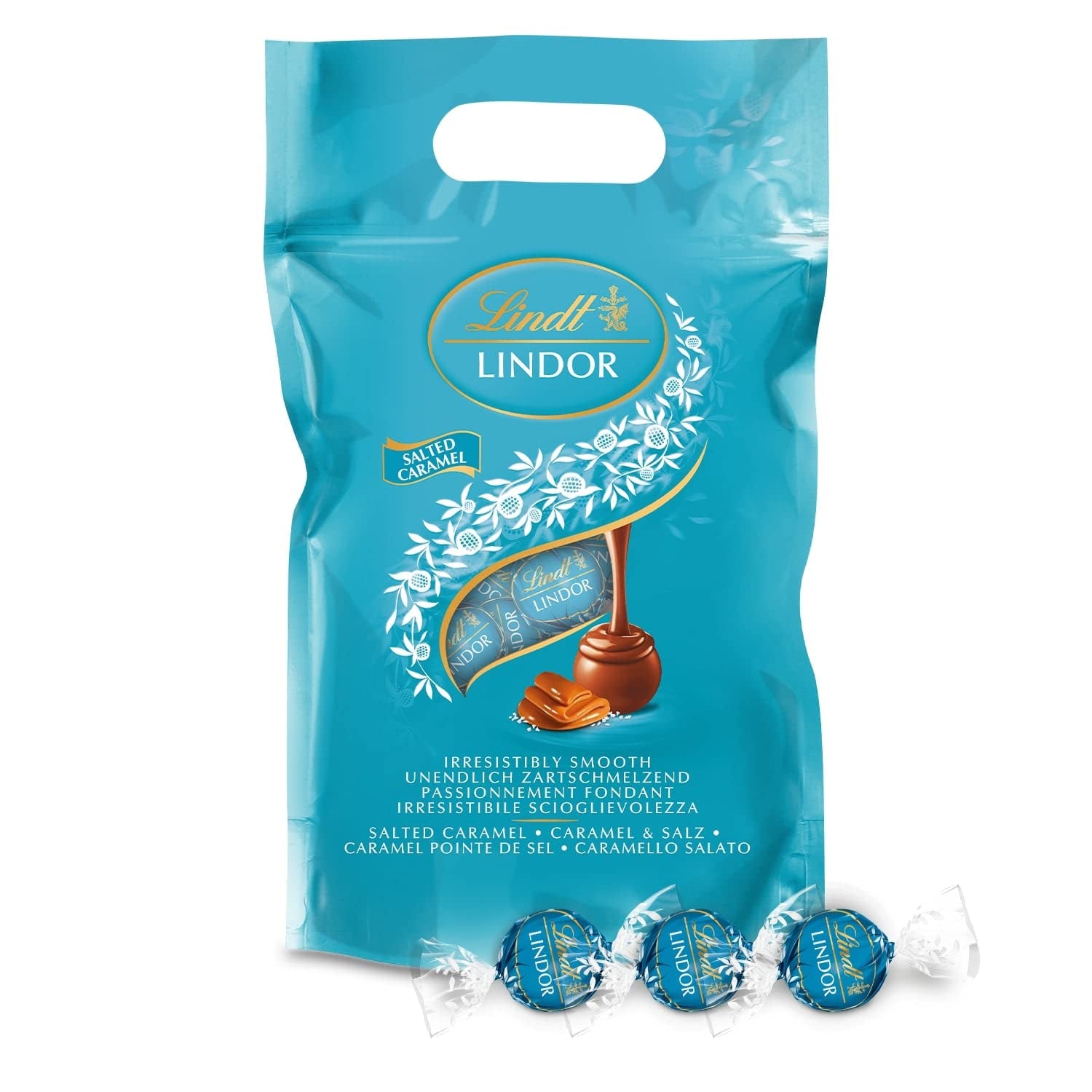 LINDOR čokoládové kuličky | 1 kg uzavíratelný sáček | cca. 80 kuliček z mléčné čokolády s mátovou náplní | Hromadné balení a čokoládové kuličky se slaným karamelem LINDOR