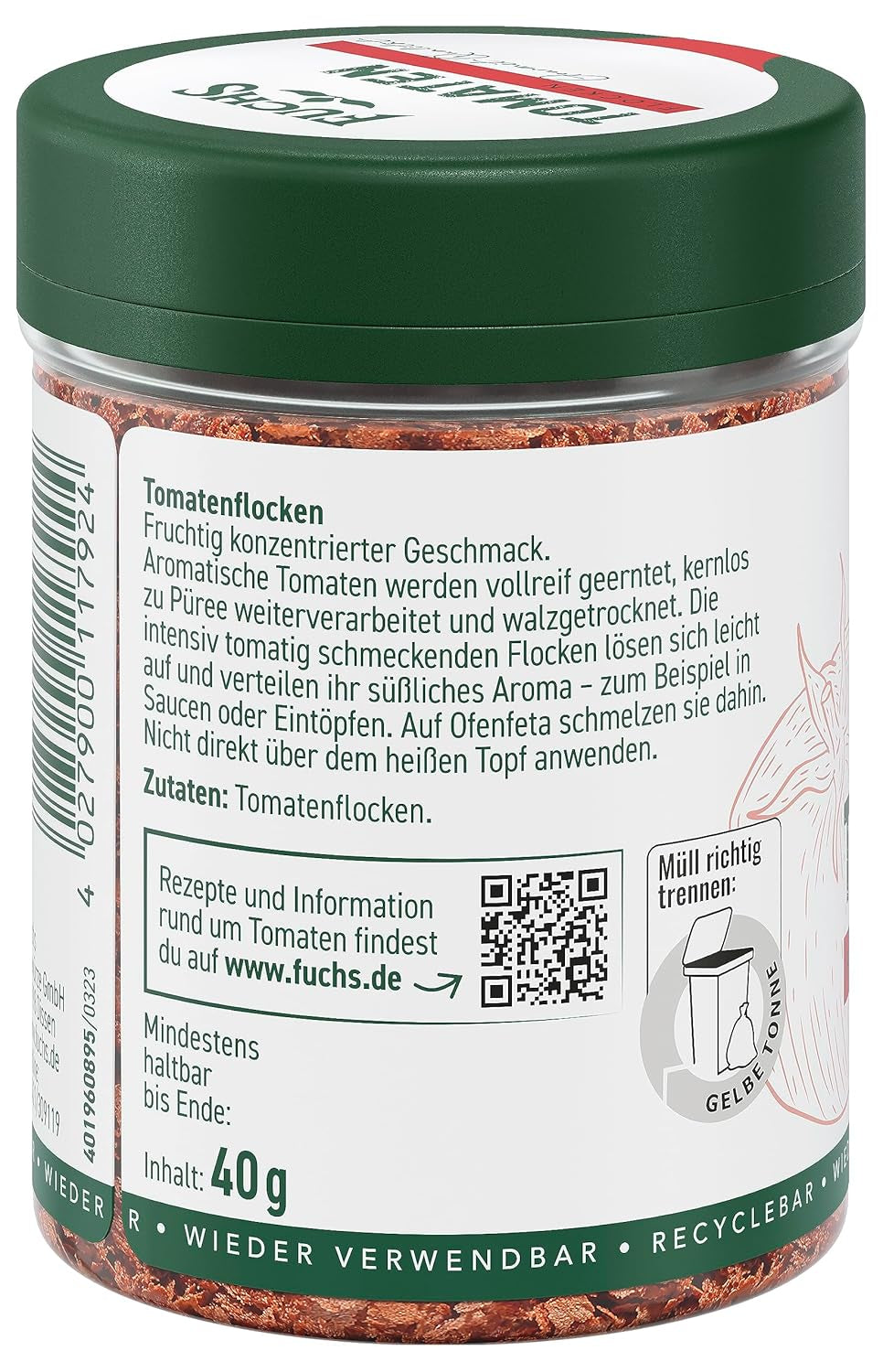 Fuchs Gewürze - Tomaten Flocken - Gewürz für Ofenfeta nebo tomatigen Geschmack in Saucen - přírodní ingredience - 40 g v wiederverwendbarer, recyclebarer Dávka