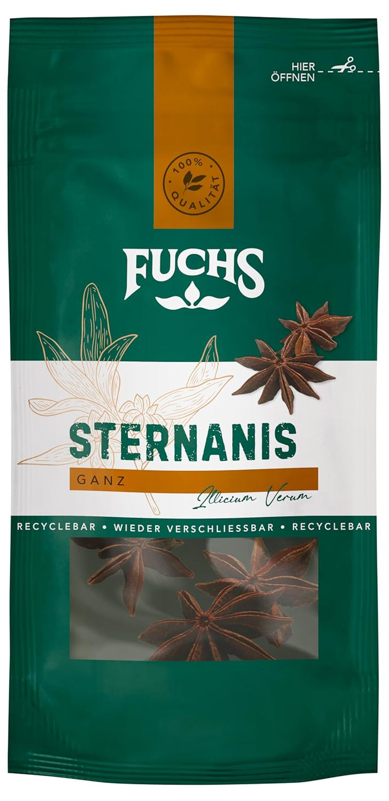 Fuchs Gewürze - Sternanis ganz | Aus natürliche Ingredient | 9g znovu uzavíratelný, recyklovatelný sáček