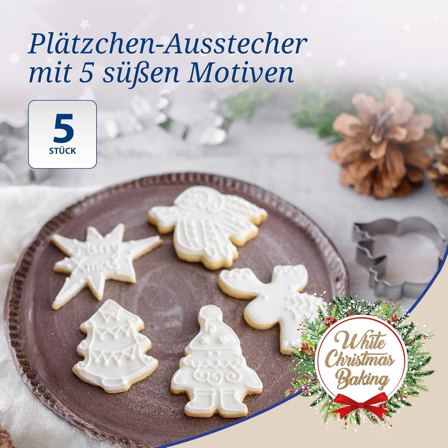 Forme de biscuiți de Crăciun Dr. Oetker, Set de 5 – Forme de biscuiți albe pentru copt de Crăciun – Forme de biscuiți din oțel inoxidabil pentru Crăciun