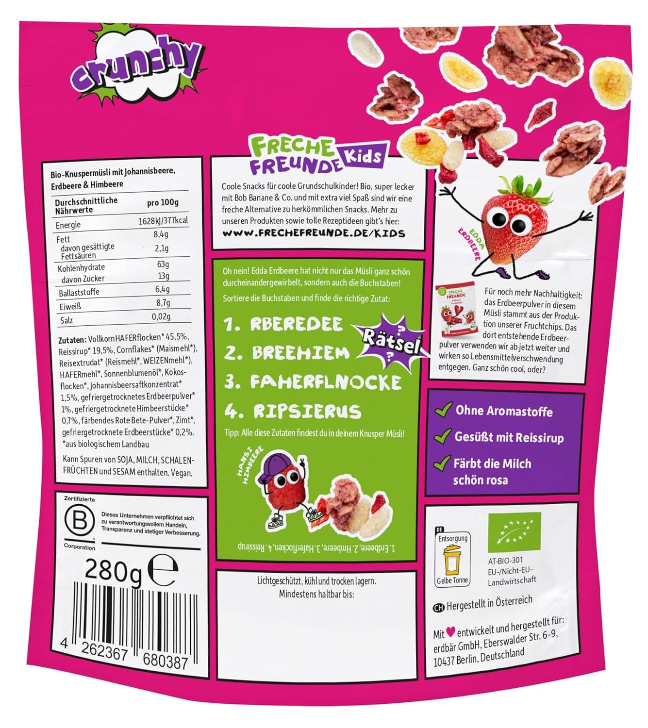 FRECHE FREUNDE Bio snídaňové müsli Edda's Berry Křupavá müsli směs pro školáky s lyofilizovanými jahodami Vegan 6 balení (6 x 280 g)